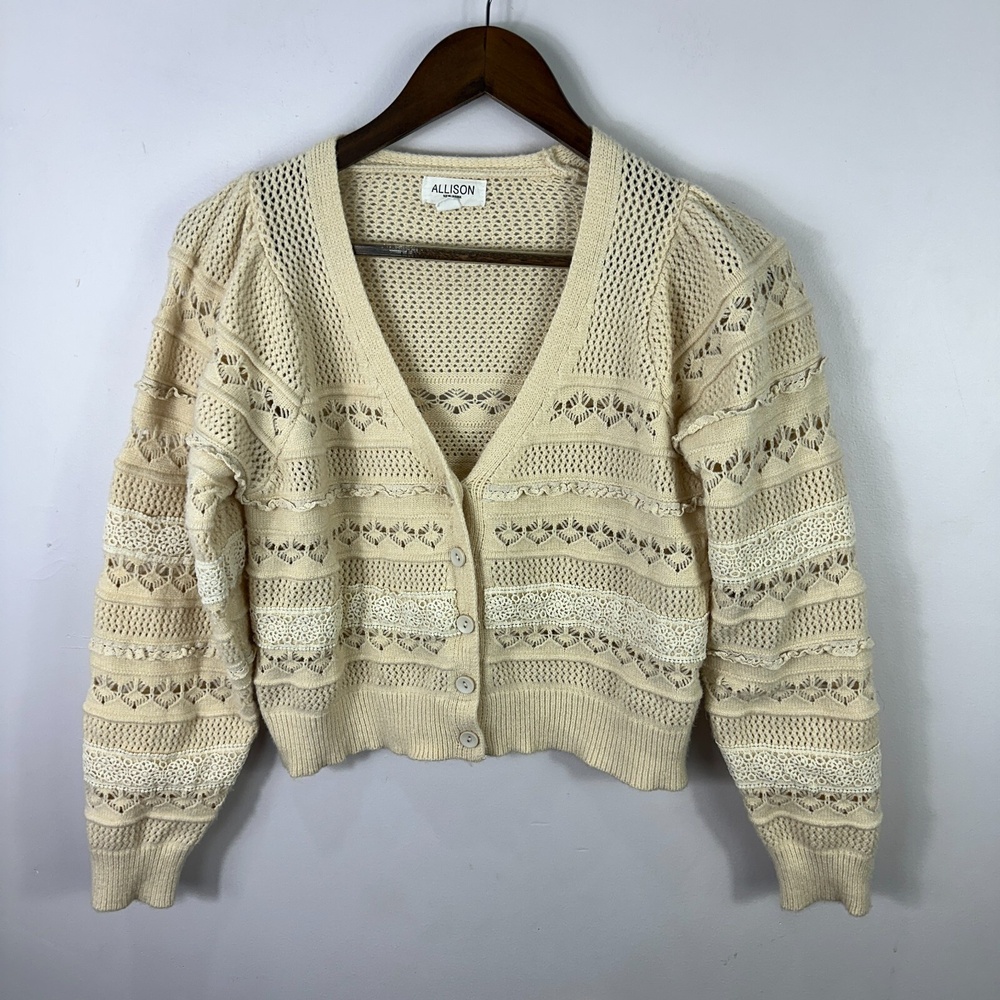 Allison New York Cardigan Womens‎ Small Cream Lace Pointelle Knit Cropped Boho